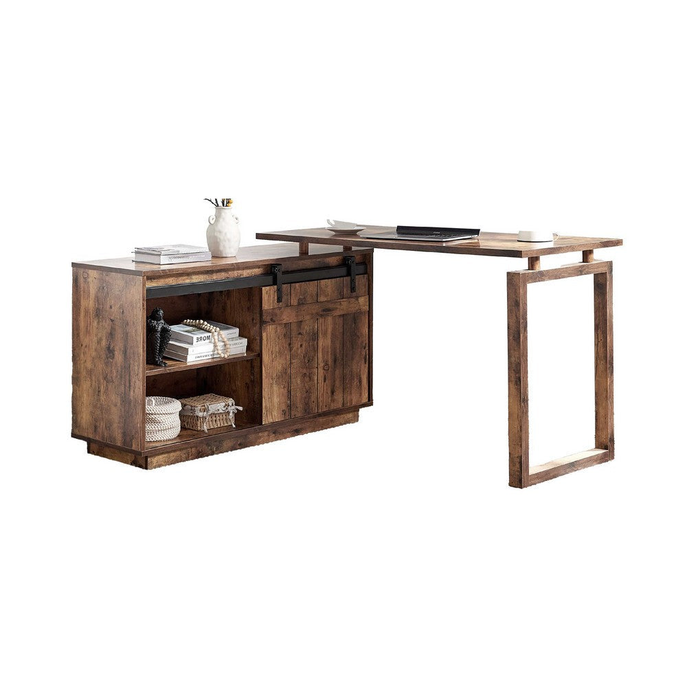Fior L Shaped Writing Desk | 56’’ Distressed Brown Wood | Barn Door