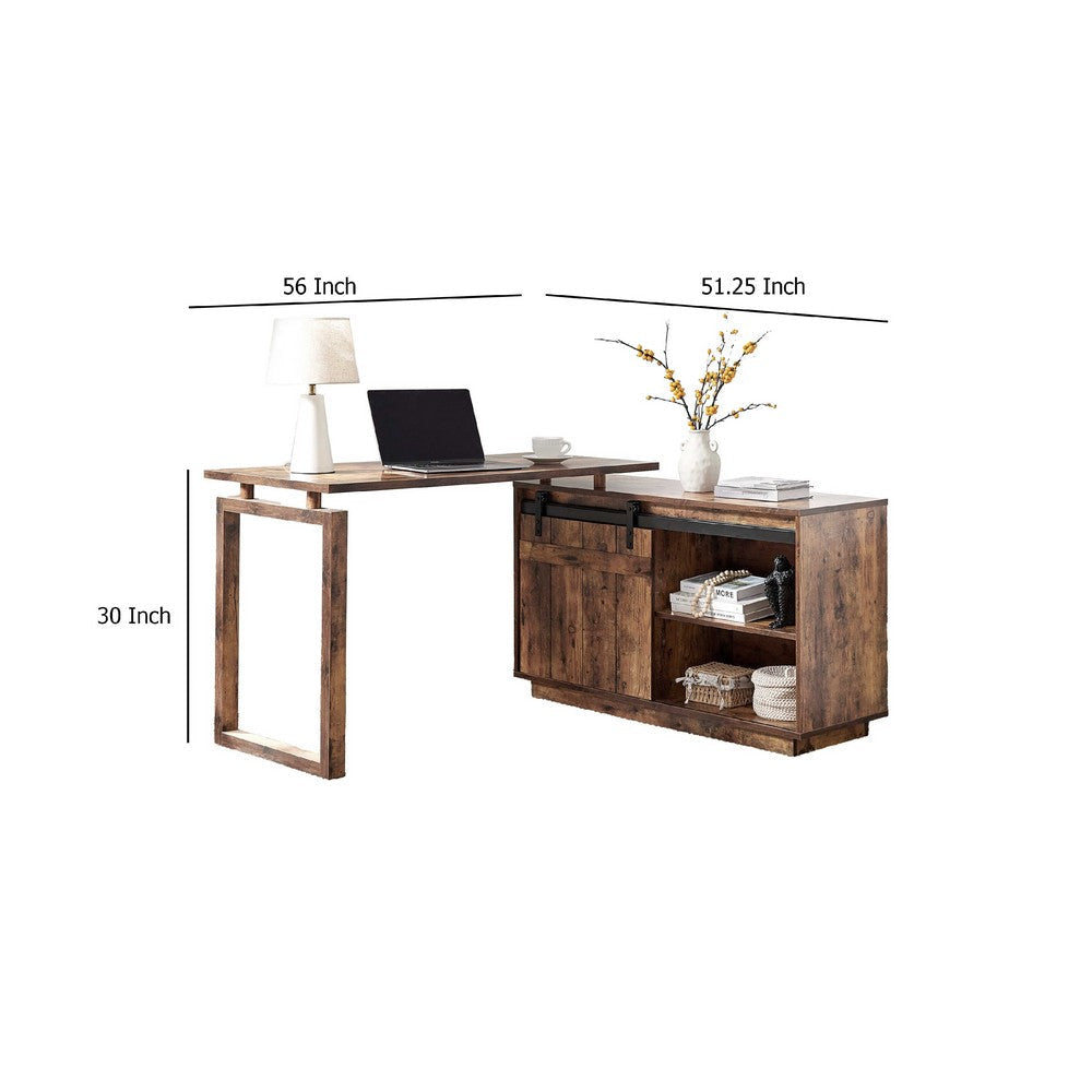 Fior L Shaped Writing Desk | 56’’ Distressed Brown Wood | Barn Door