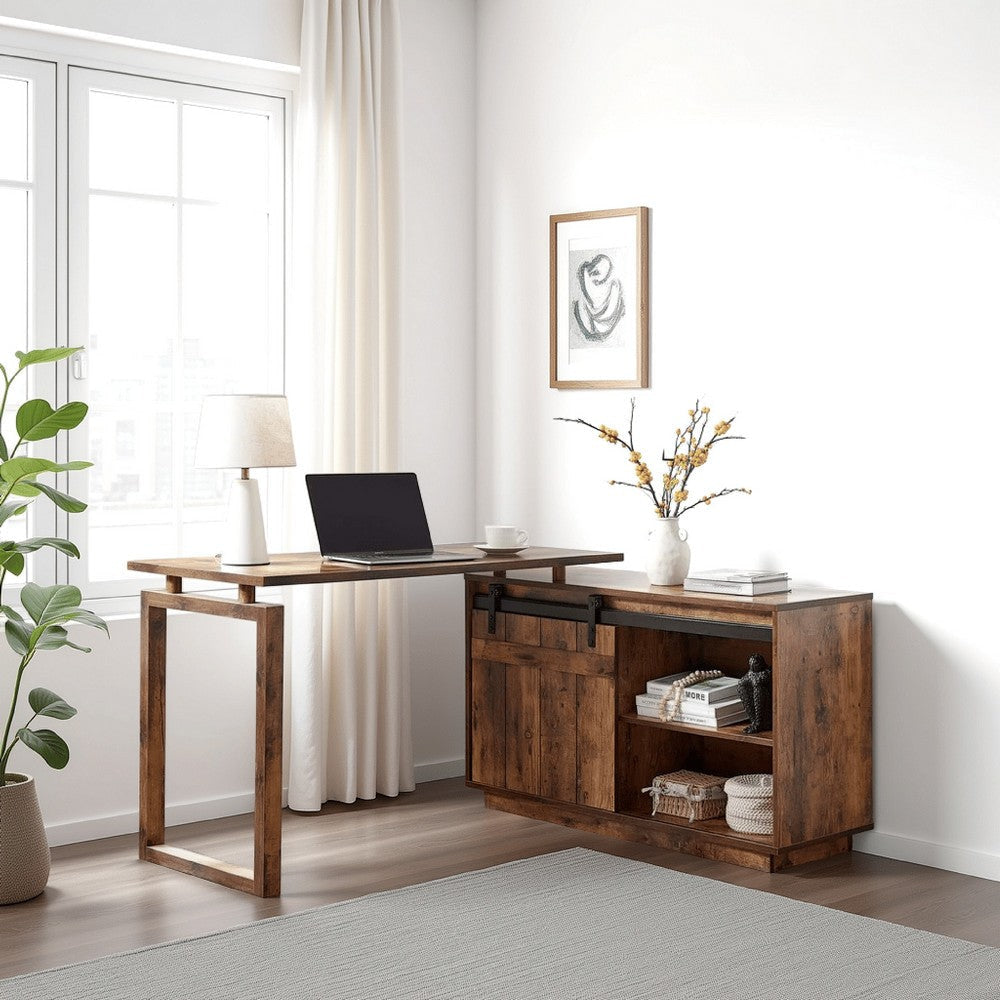 Fior L Shaped Writing Desk | 56" Distressed Brown Wood | Barn Door