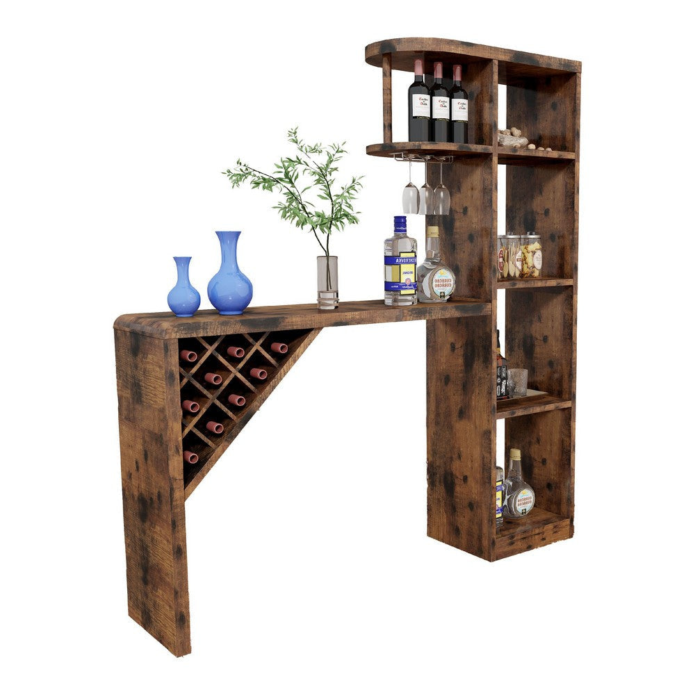 Bar Height Table | Glass Racks w Bottle Holders | 73" Classic Brown
