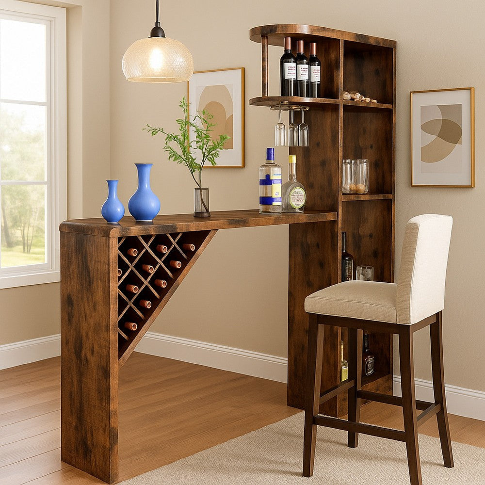 Bar Height Table | Glass Racks w Bottle Holders | 73" Classic Brown