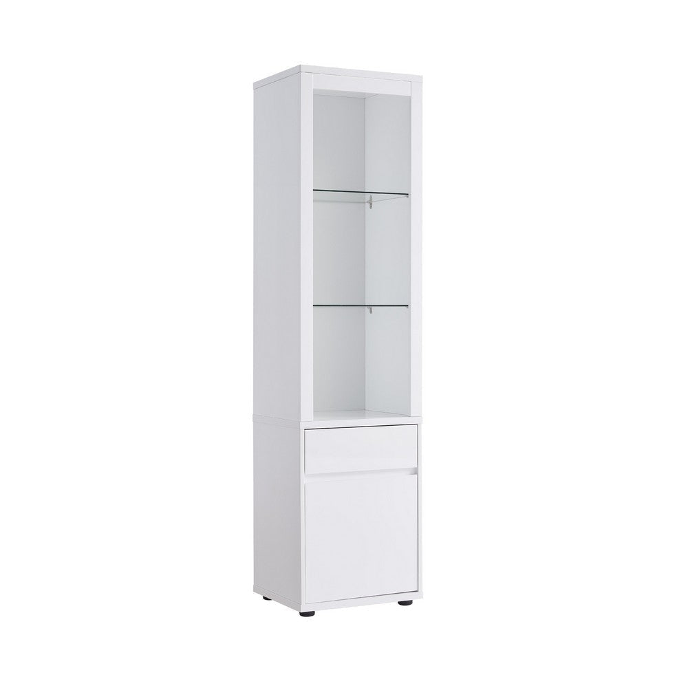 Curio Cabinet, 2 Glass Shelves and 1 Drawer, 74 Inch, White Wood