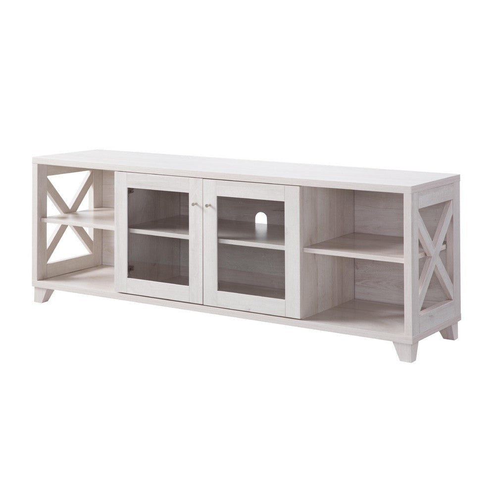 TV Stand Cabinet Glass Doors w Crosshatch Detail 60 Inch Oak White BM334342