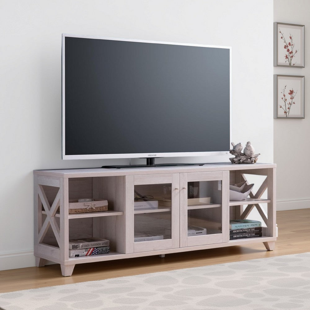 TV Stand Cabinet, Glass Doors w Crosshatch Detail, 60 Inch Oak White