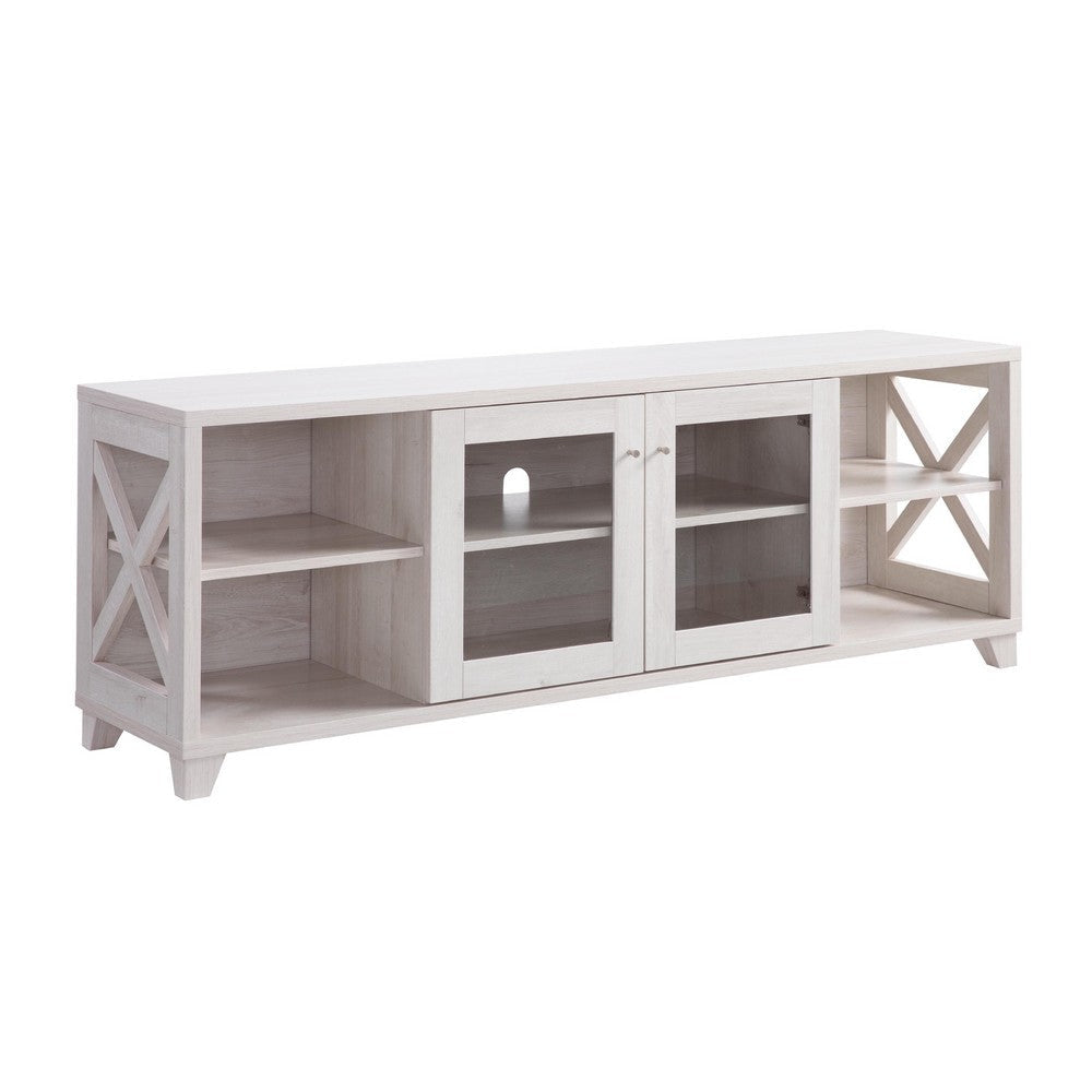 TV Stand Cabinet, Glass Doors w Crosshatch Detail, 60 Inch Oak White