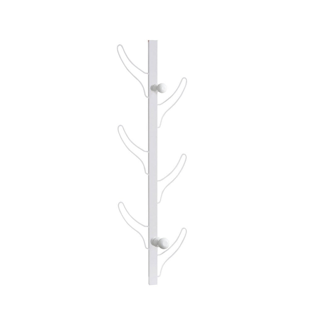 34 Inch Zubo Coat and Hat Rack w 6 Hooks , Wall Mount, White Metal