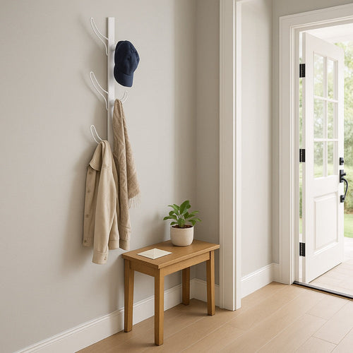 34 Inch Zubo Coat and Hat Rack w 6 Hooks , Wall Mount, White Metal