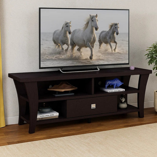 TV Stand Media Cabinet, Curved Wood Legs w 4 Shelves, 60 Inch, Brown