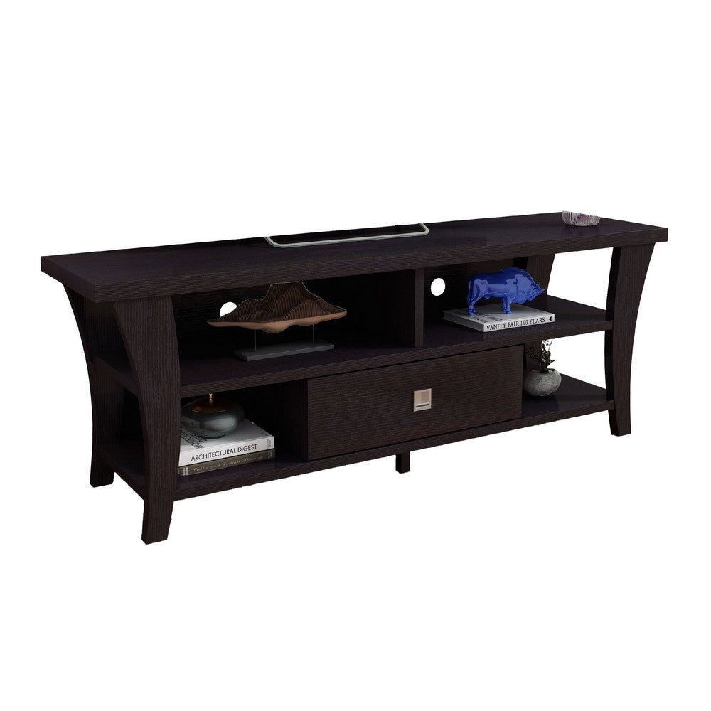 TV Stand Media Cabinet, Curved Wood Legs w 4 Shelves, 60 Inch, Brown