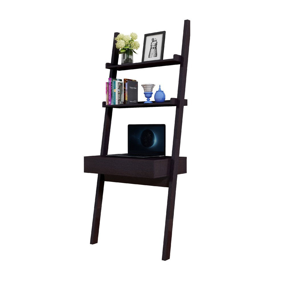 Tall Desk with Ladder Shelves | 1 Drawer 2 Shelves | 72’’ | Brown Wood BM334355