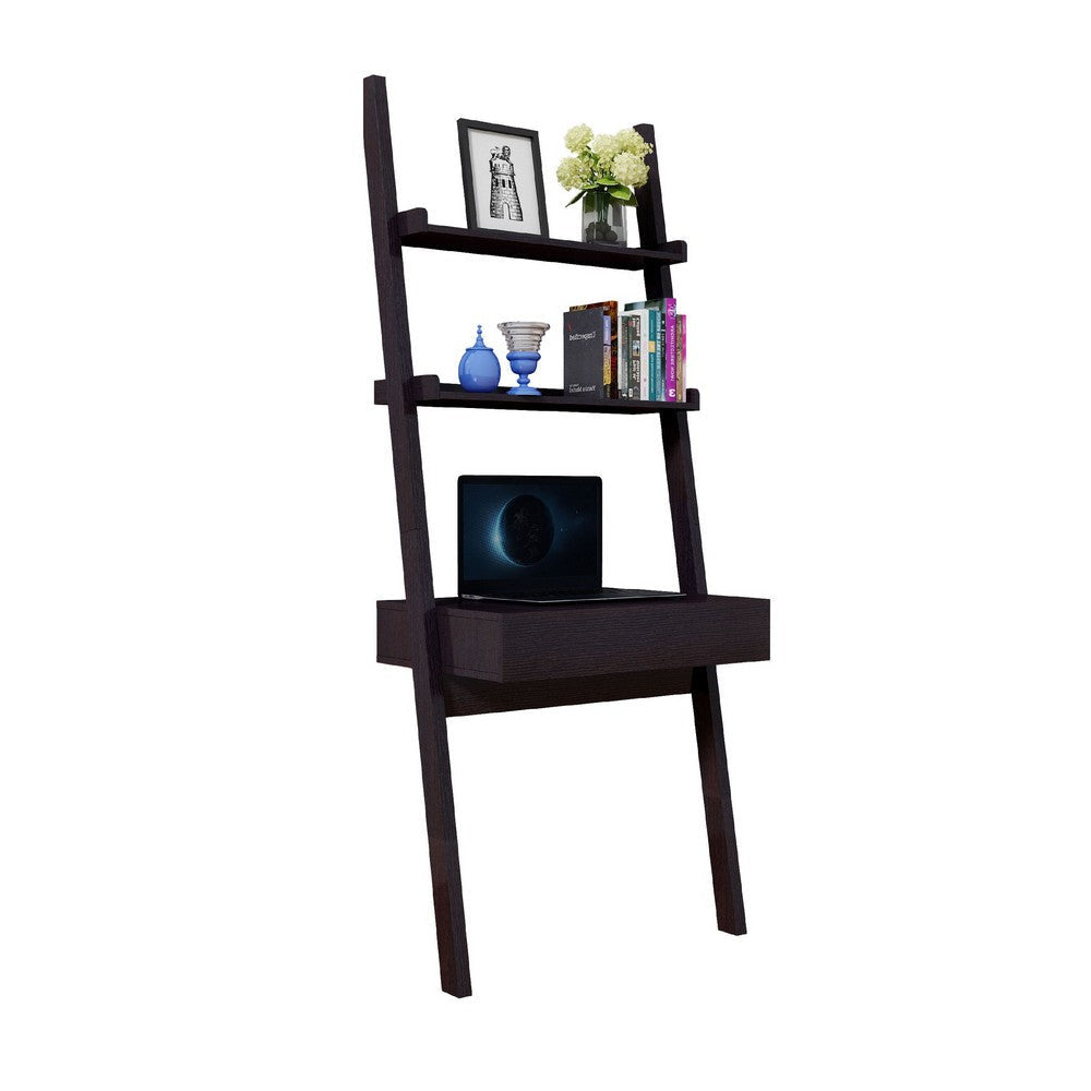 Tall Desk with Ladder Shelves | 1 Drawer 2 Shelves | 72" | Brown Wood