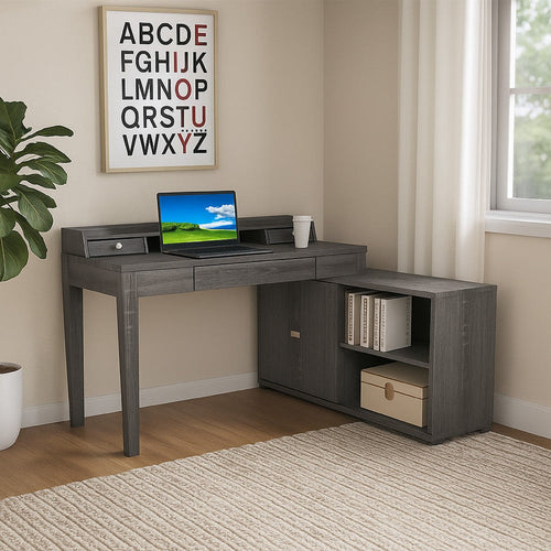 Working Desk with Credenza | 3 Drawers | 55" | Gray and Silver