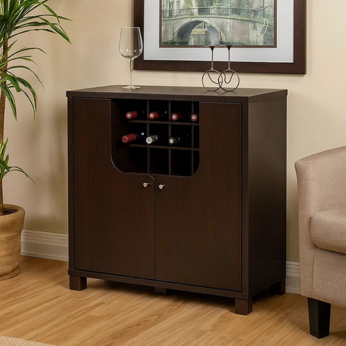 Wine Storage Cabinet, 12 Bottle Wine Rack 6 Glass Hangers, Cocoa Brown