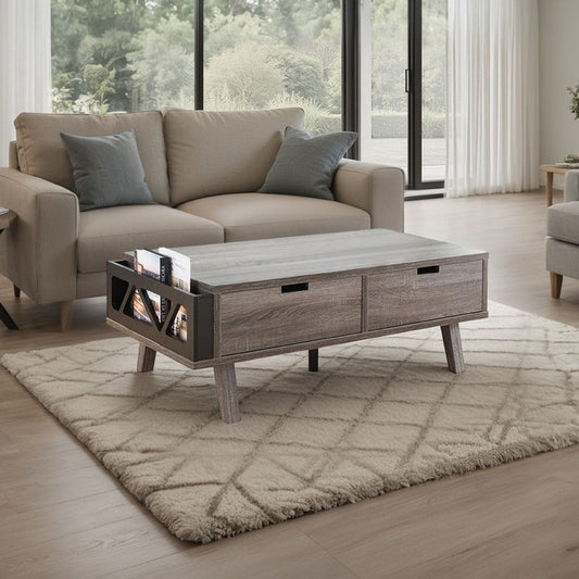 Coffee Table, 47 Inch, 2 Drawers, Modern Rustic Flared Wood Legs
