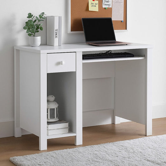 Akol Computer Desk | Keyboard Drawer and Storage | 39" | Modern White