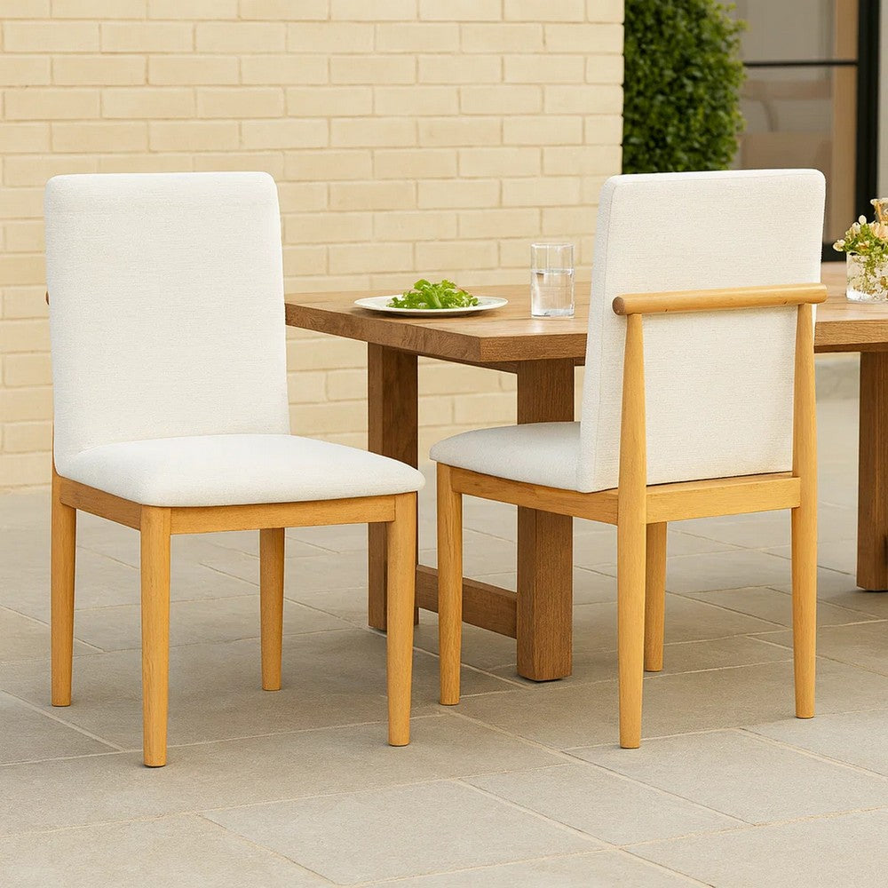 Side Dining Chair Set of 2 | Solid Wood | Cream Textured Woven Fabric