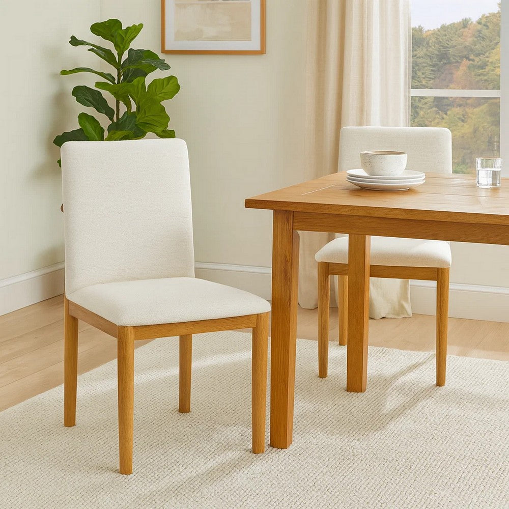 Side Dining Chair Set of 2 | Solid Wood | Cream Textured Woven Fabric