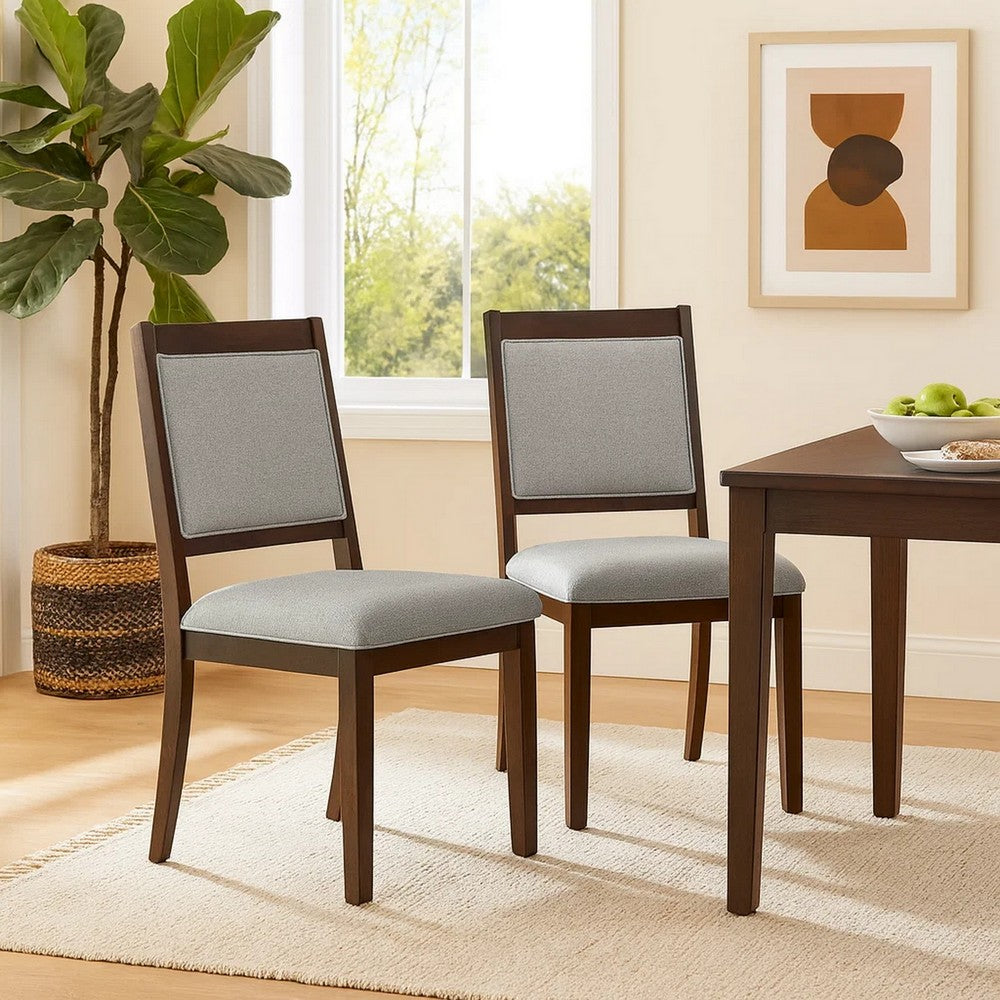 Tom Side Dining Chair Set of 2 | Brown Solid Wood | Gray Woven Fabric