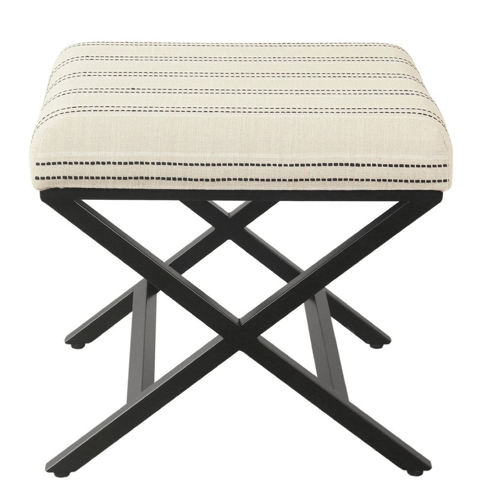 Square Ottoman Footstool | Black Metal | White Striped Polyester 20’’ BM334416