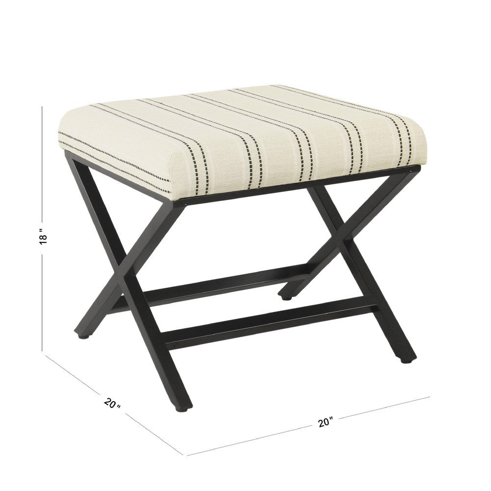 Square Ottoman Footstool | Black Metal | White Striped Polyester 20’’ BM334416