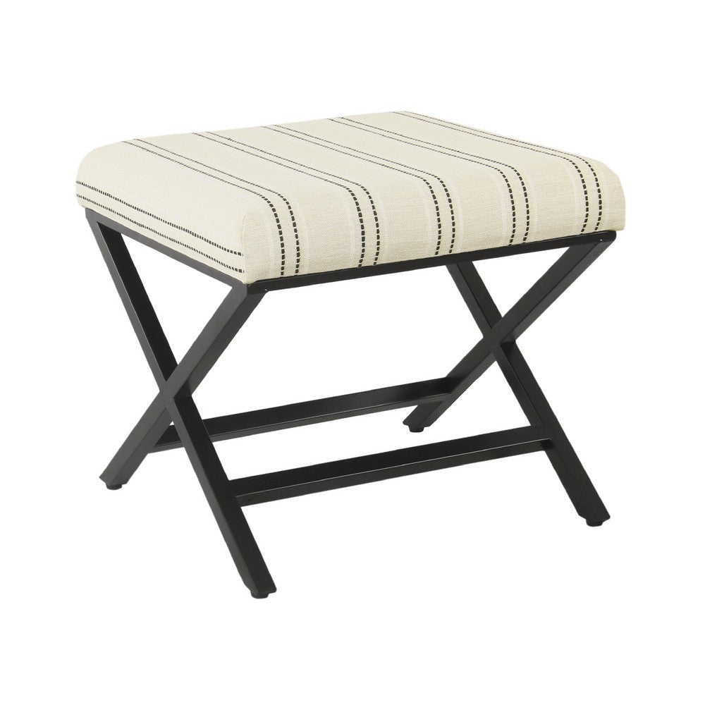 Square Ottoman Footstool | Black Metal | White Striped Polyester 20"