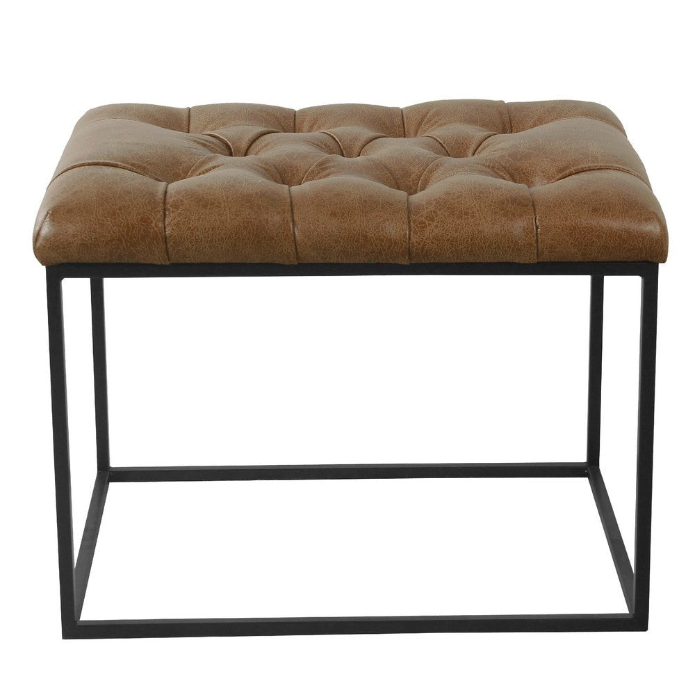 Ottoman Footstool | Black Metal | Brown Tufted Faux Leather 22’’ BM334417