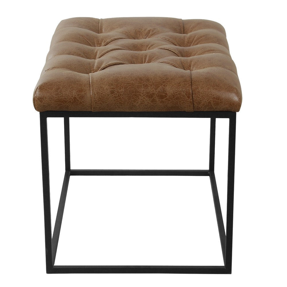 Ottoman Footstool | Black Metal | Brown Tufted Faux Leather 22’’ BM334417