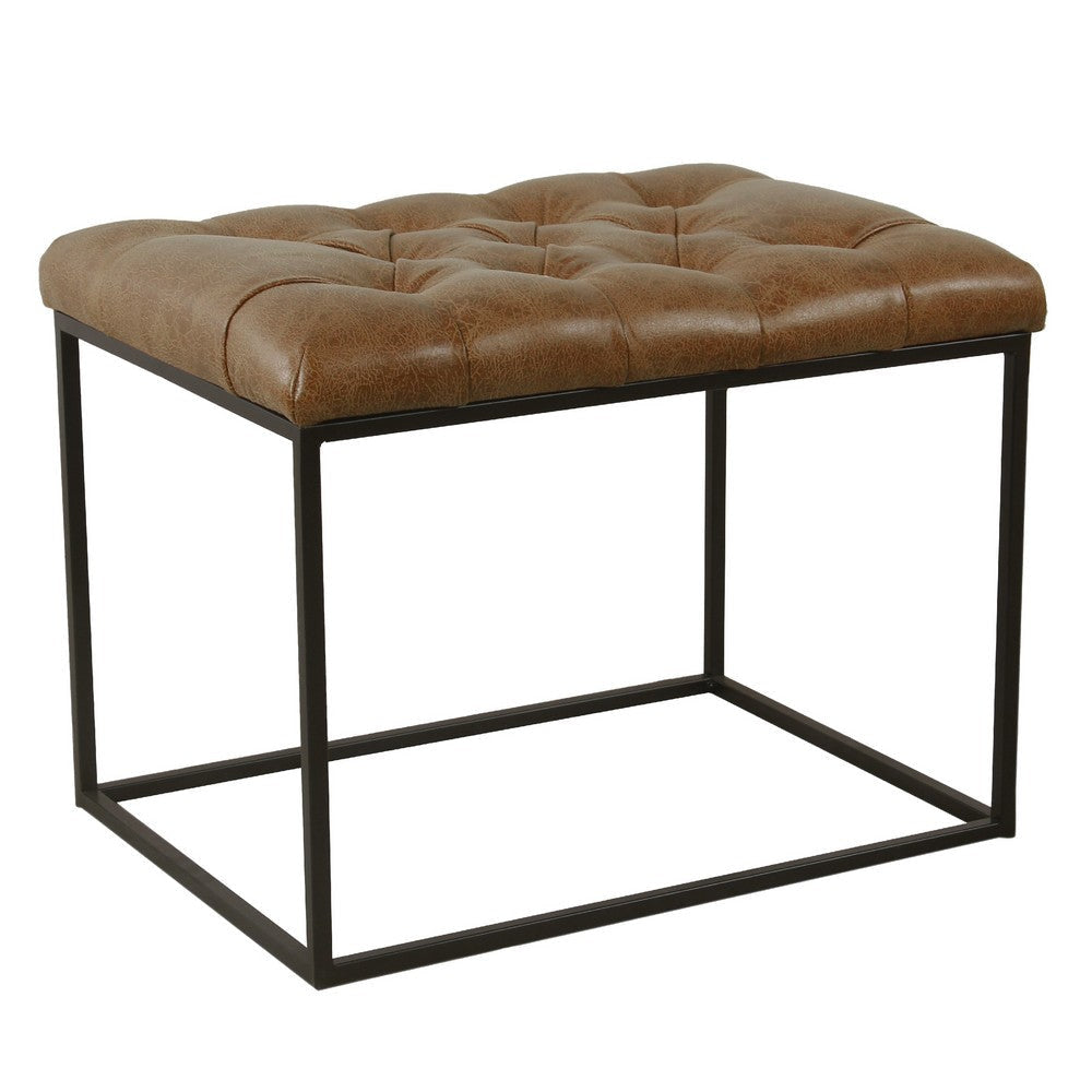 Ottoman Footstool | Black Metal | Brown Tufted Faux Leather 22"