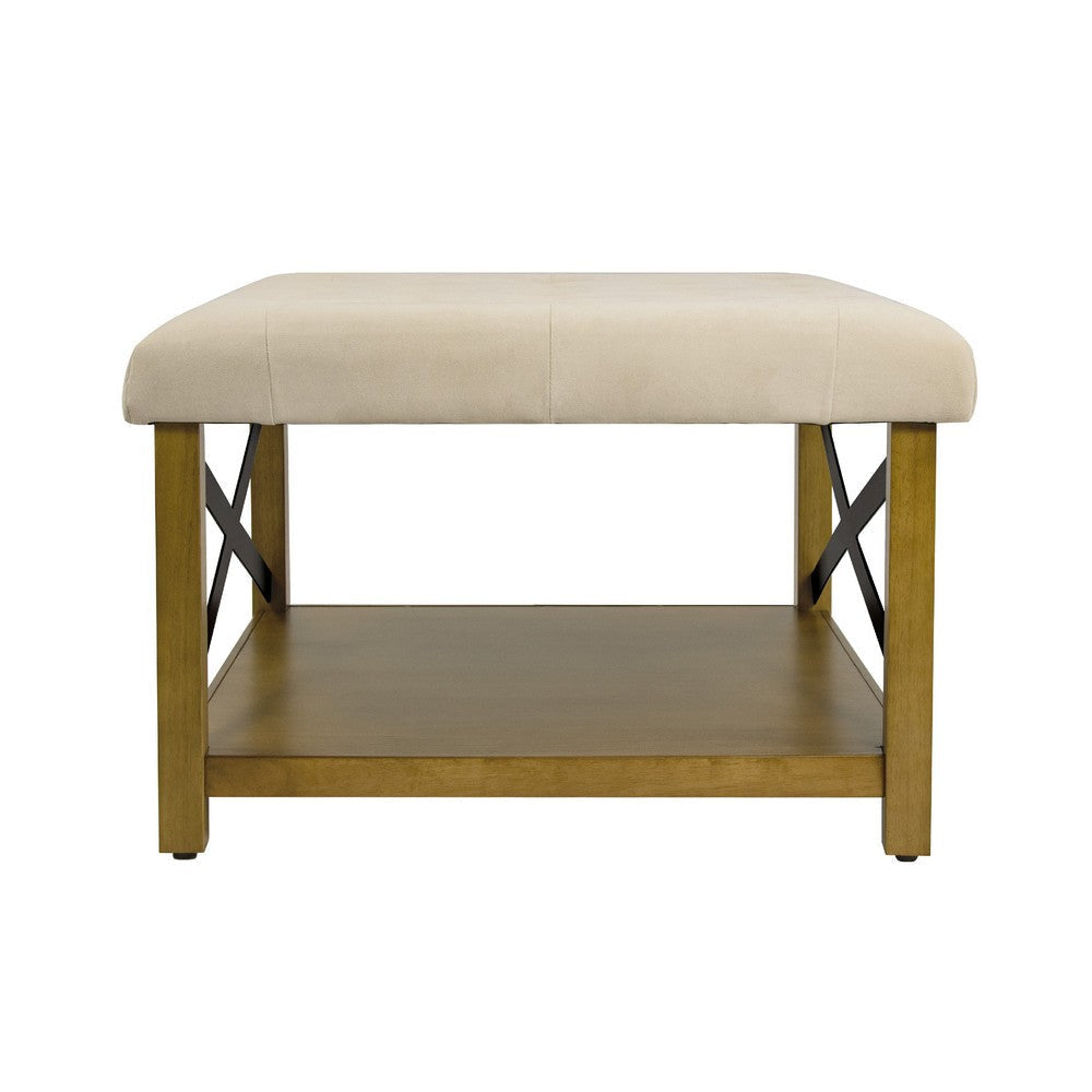 Ottoman with Open Storage | Wood Legs | Cream Tufted Microfiber 30’’ BM334418