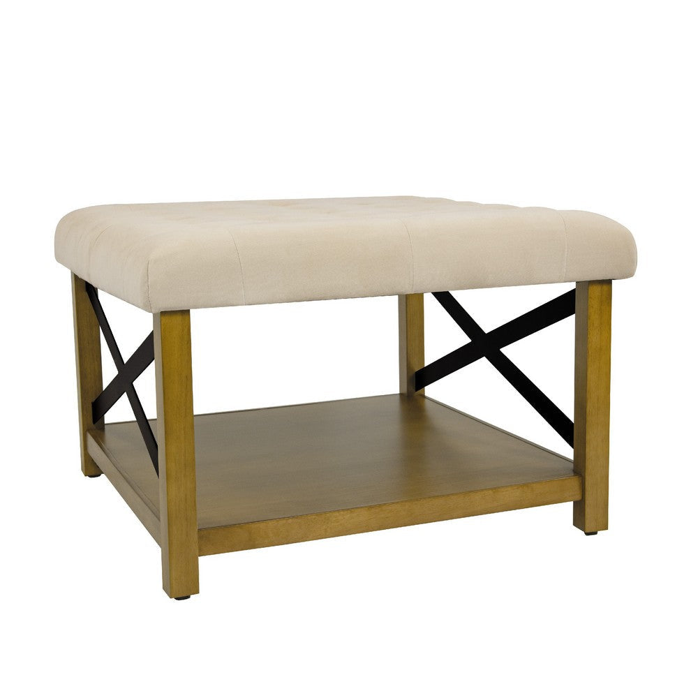 Ottoman with Open Storage | Wood Legs | Cream Tufted Microfiber 30’’ BM334418