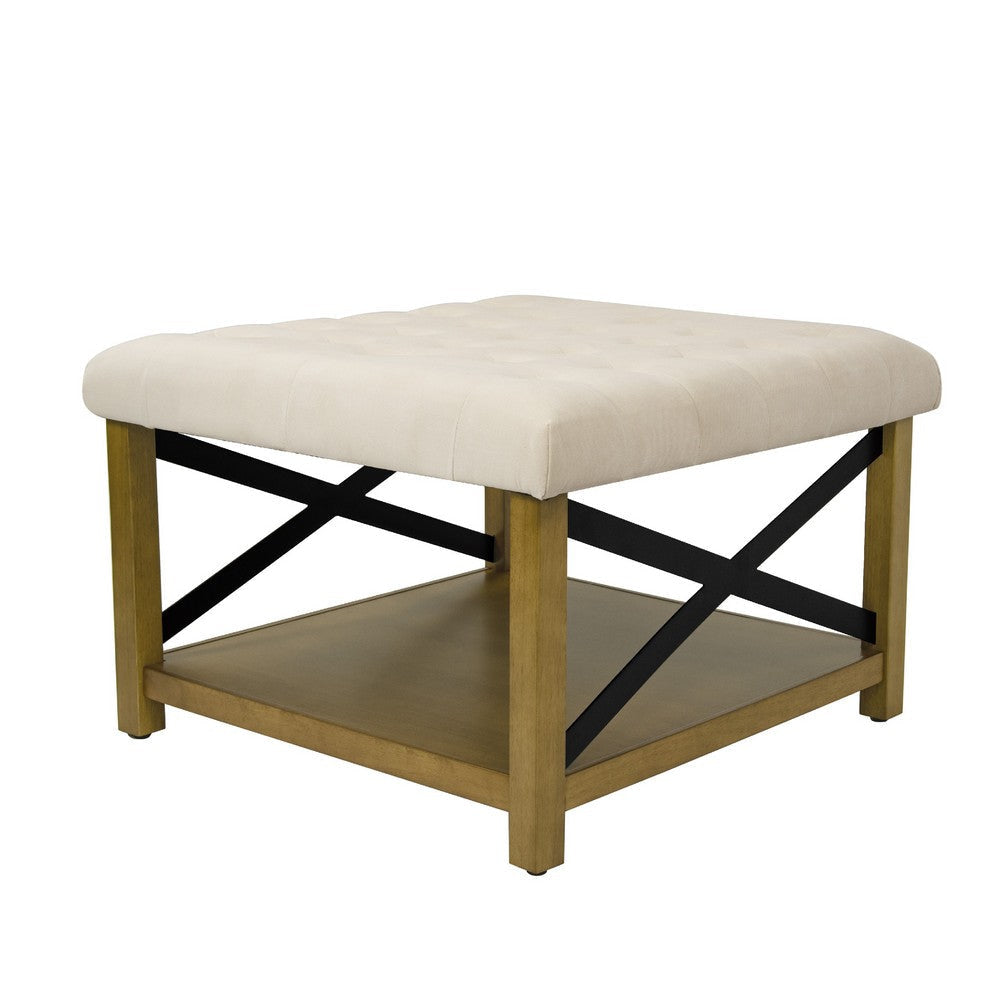 Ottoman with Open Storage | Wood Legs | Cream Tufted Microfiber 30’’ BM334418