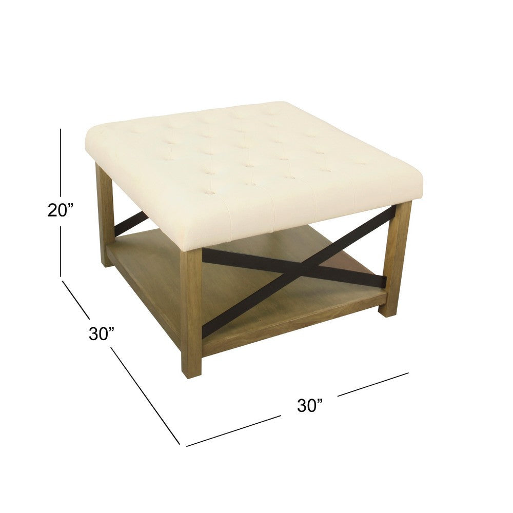 Ottoman with Open Storage | Wood Legs | Cream Tufted Microfiber 30’’ BM334418