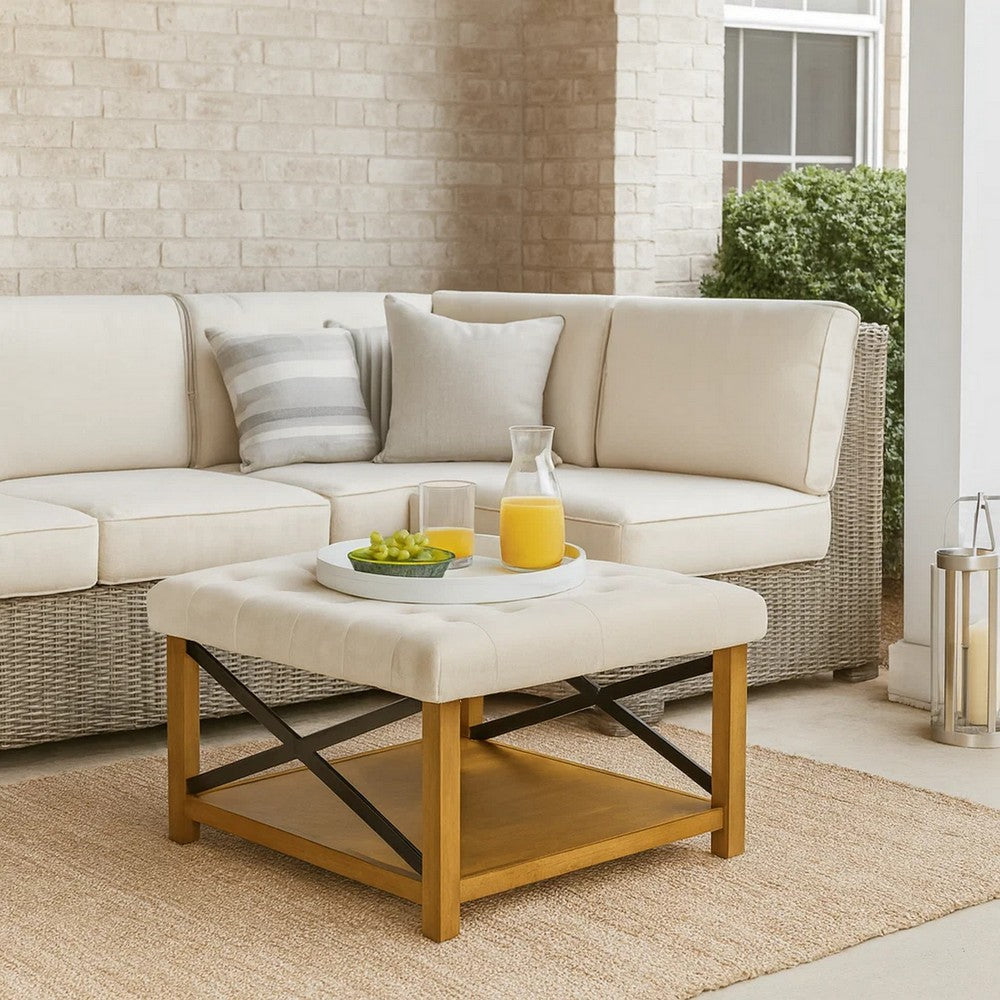 Ottoman with Open Storage | Wood Legs | Cream Tufted Microfiber 30"