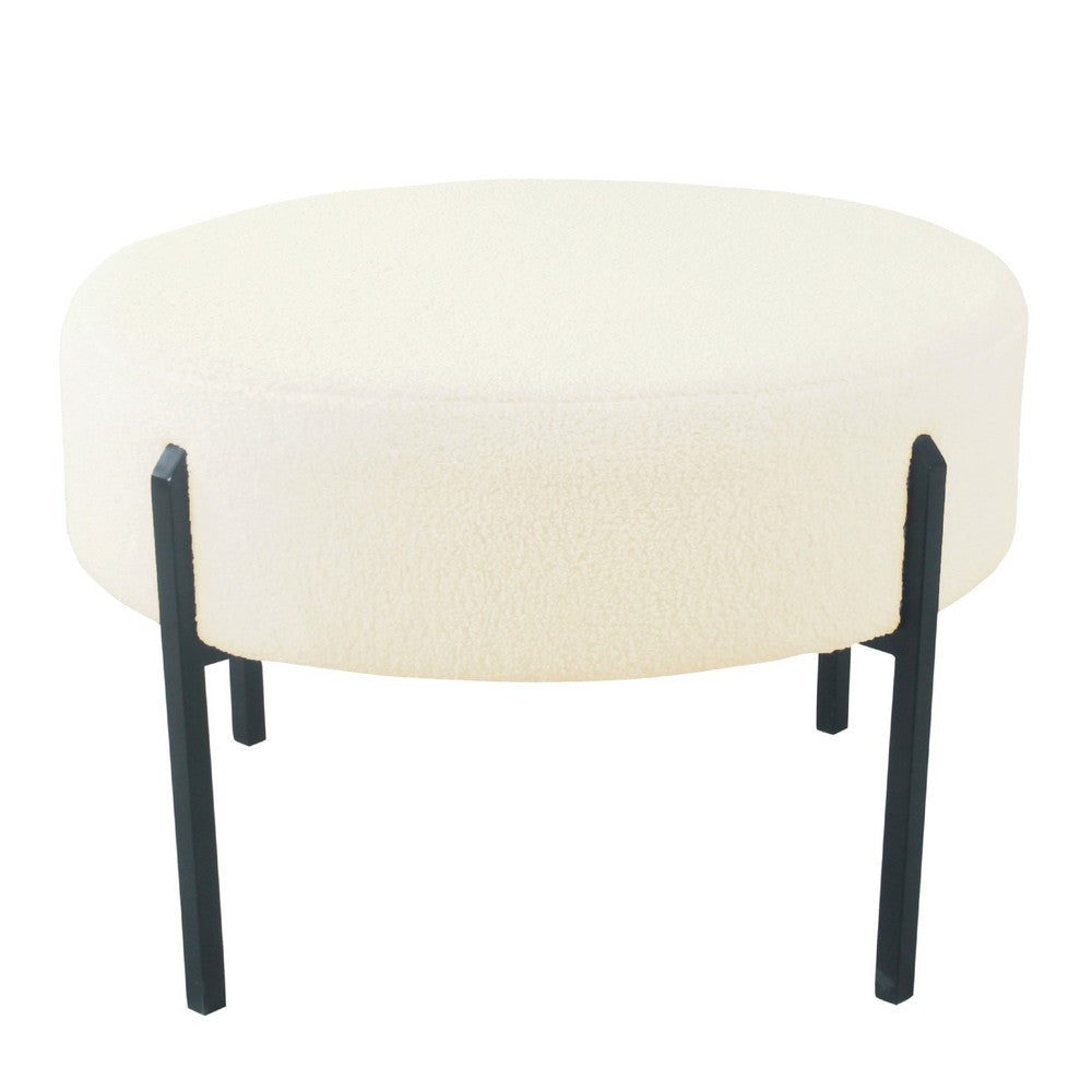 Joe Round Ottoman Footstool | Black Metal | Plush Cream Sherpa 28’’