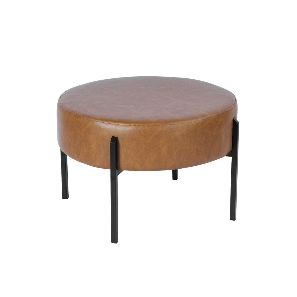 Joe Round Ottoman Footstool | Black Metal | Brown Faux Leather 28’’ BM334420