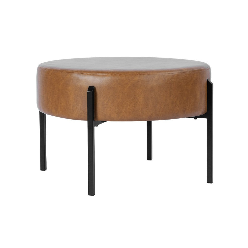 Joe Round Ottoman Footstool | Black Metal | Brown Faux Leather 28’’ BM334420