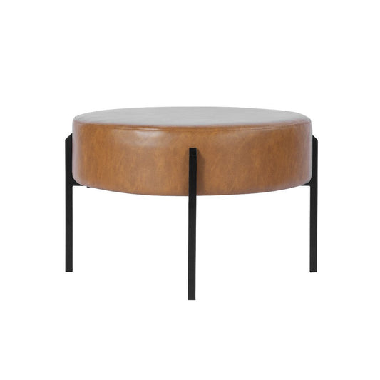 Joe Round Ottoman Footstool | Black Metal | Brown Faux Leather 28"
