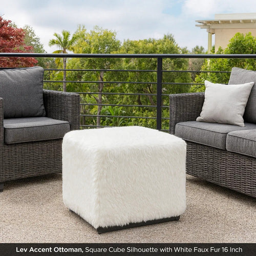 Lev Accent Ottoman | Square Cube SIlhouette with White Faux Fur 16"