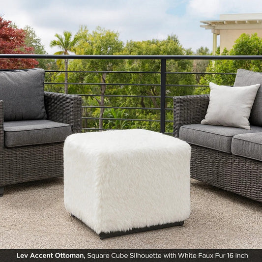 Lev Accent Ottoman | Square Cube SIlhouette with White Faux Fur 16"
