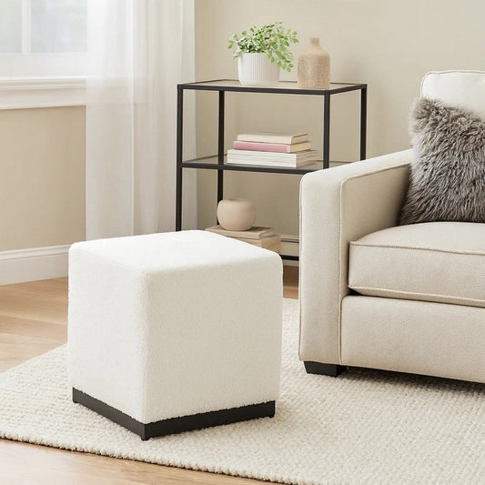 Lev Accent Ottoman | Square Cube SIlhouette with White Boucle 16"