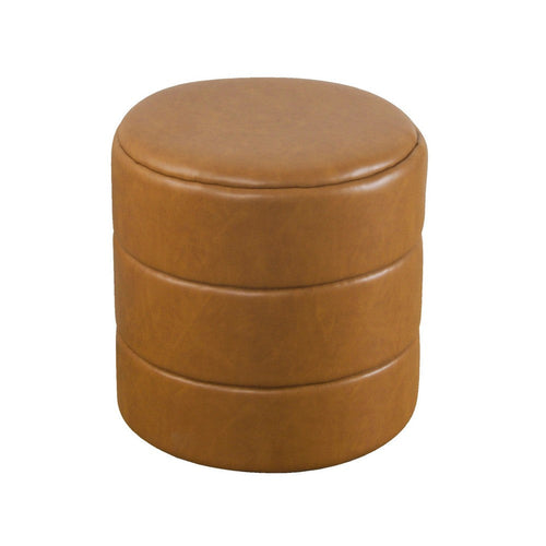 Sem Round Accent Ottoman | Brown Channel Tufted Faux Leather 18"