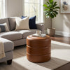 Sem Round Accent Ottoman | Brown Channel Tufted Faux Leather 18"