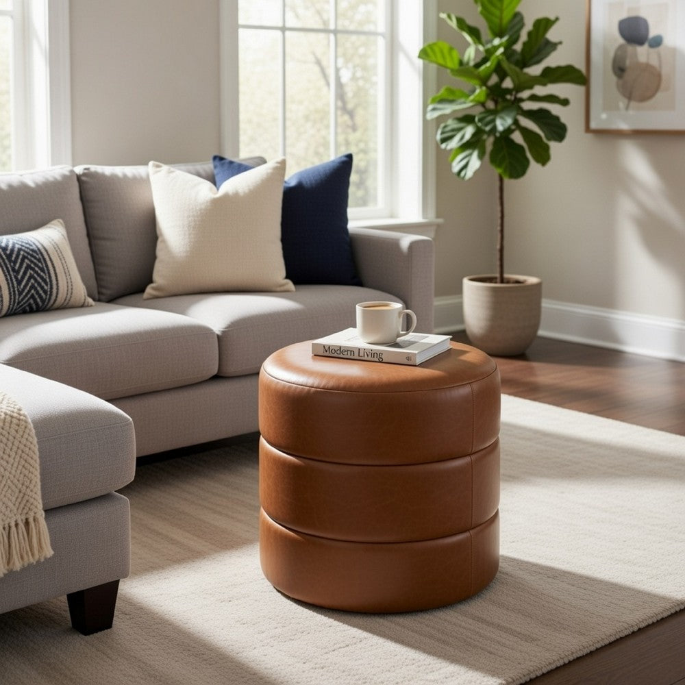Sem Round Accent Ottoman | Brown Channel Tufted Faux Leather 18"
