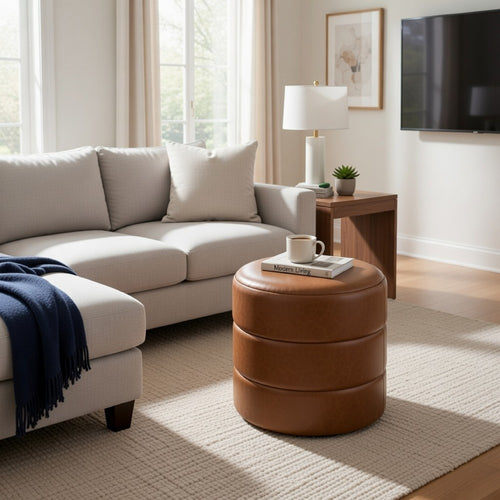 Sem Round Accent Ottoman | Brown Channel Tufted Faux Leather 18"