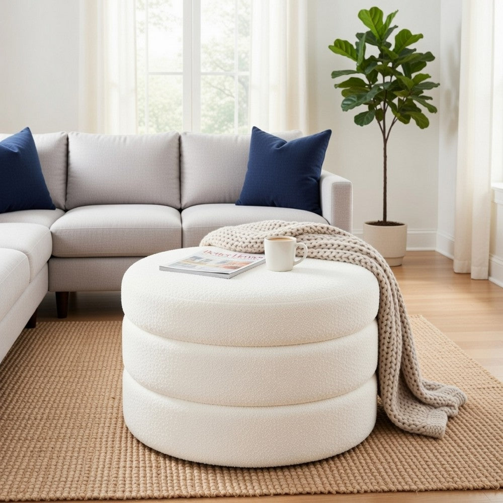 Sem Round Accent Ottoman | Cream White Chanel Stitched Boucle 18"
