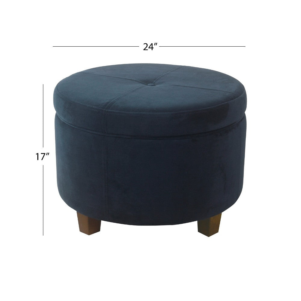 Soni Round Storage Ottoman | 24’’ Navy Blue Velvet | Dark Brown Legs