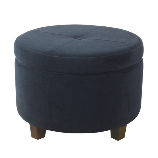 Soni Round Storage Ottoman | 24" Navy Blue Velvet | Dark Brown Legs