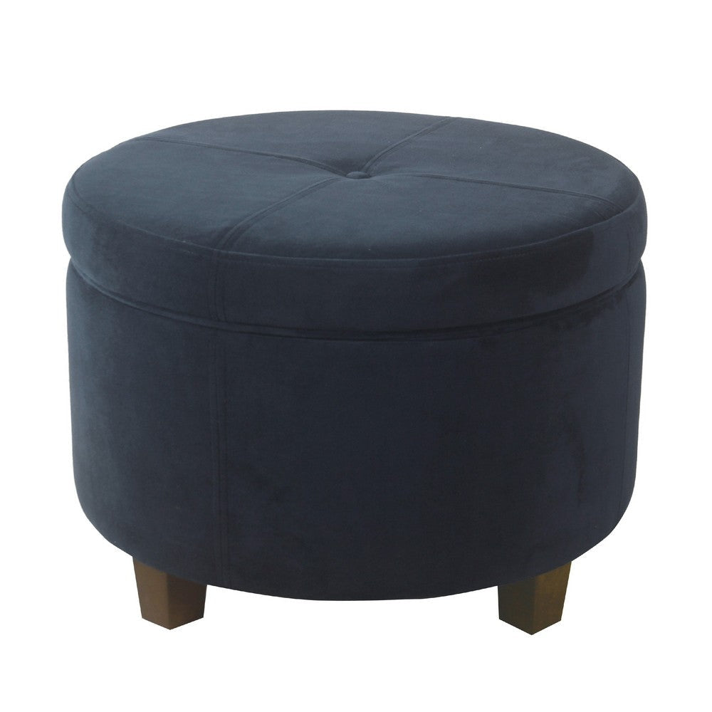 Soni Round Storage Ottoman | 24" Navy Blue Velvet | Dark Brown Legs