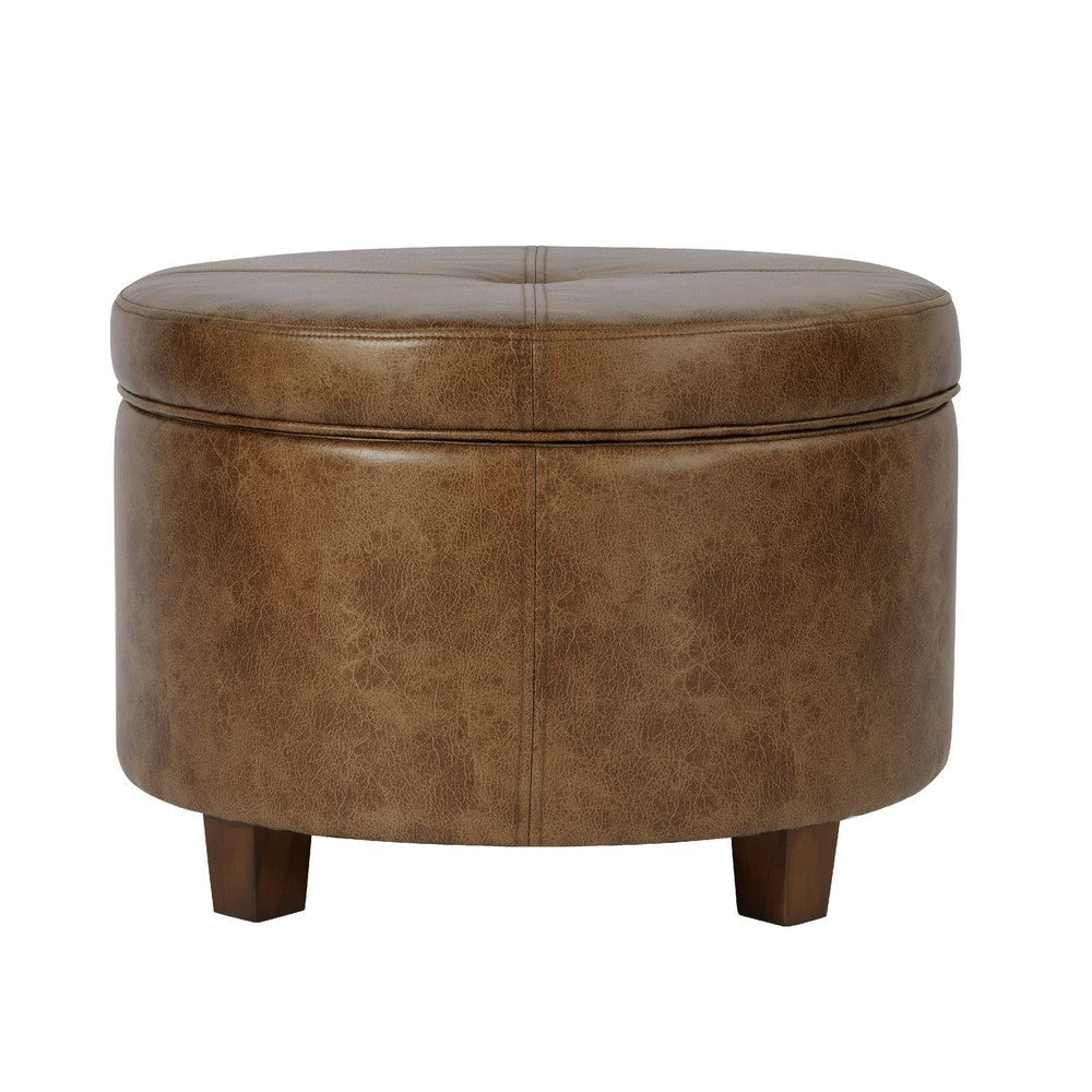 Soni Round Storage Ottoman | 24’’ Brown Faux Leather | Wood Legs