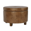 Soni Round Storage Ottoman | 24’’ Brown Faux Leather | Wood Legs